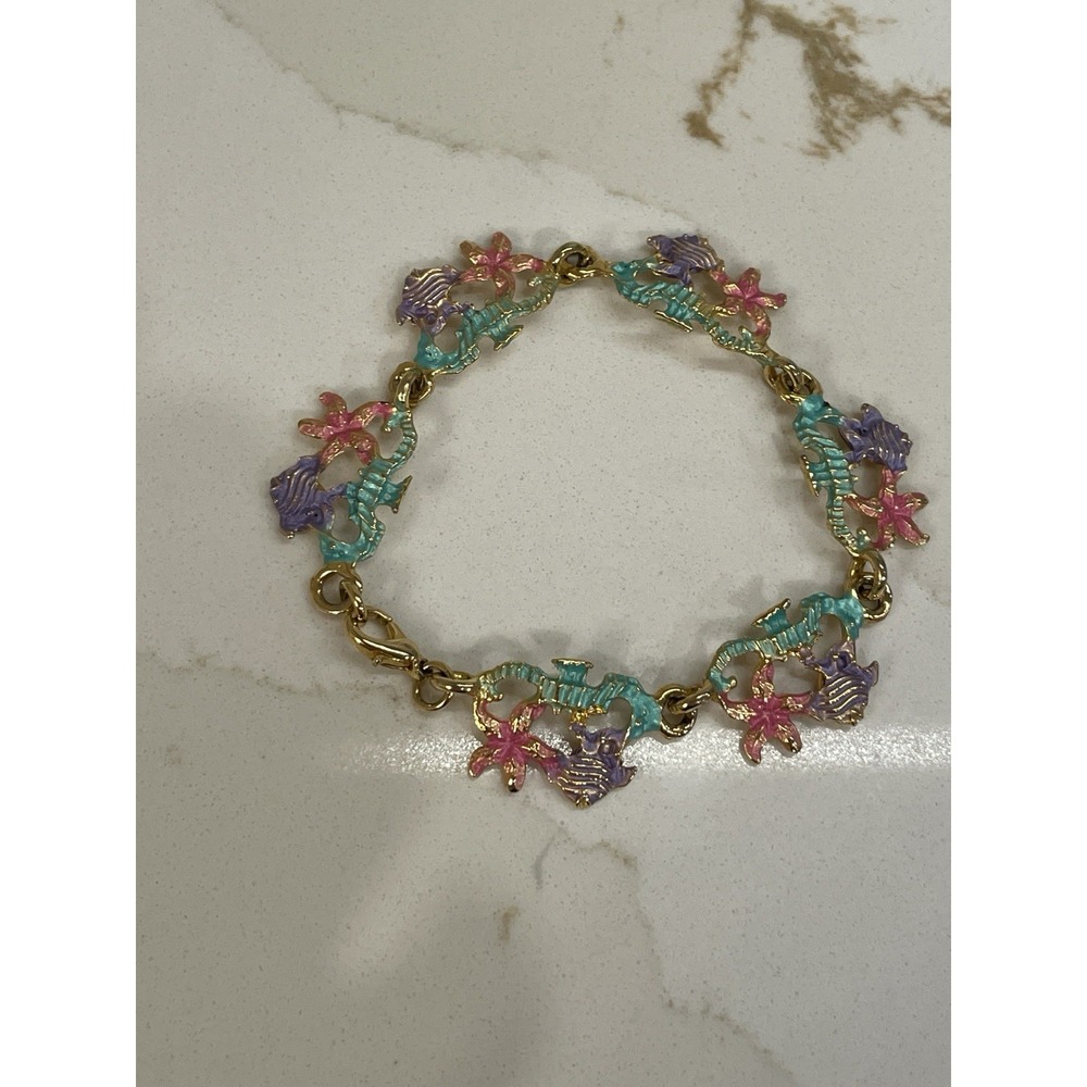 Vintage Enamel Tropical Bracelet Clasp Starfish Fish Seahorse Women USA Made